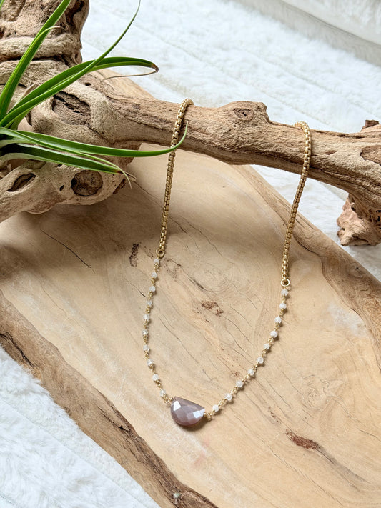 Chocolate Moonstone + Rainbow Moonstone Matte Gold Necklace