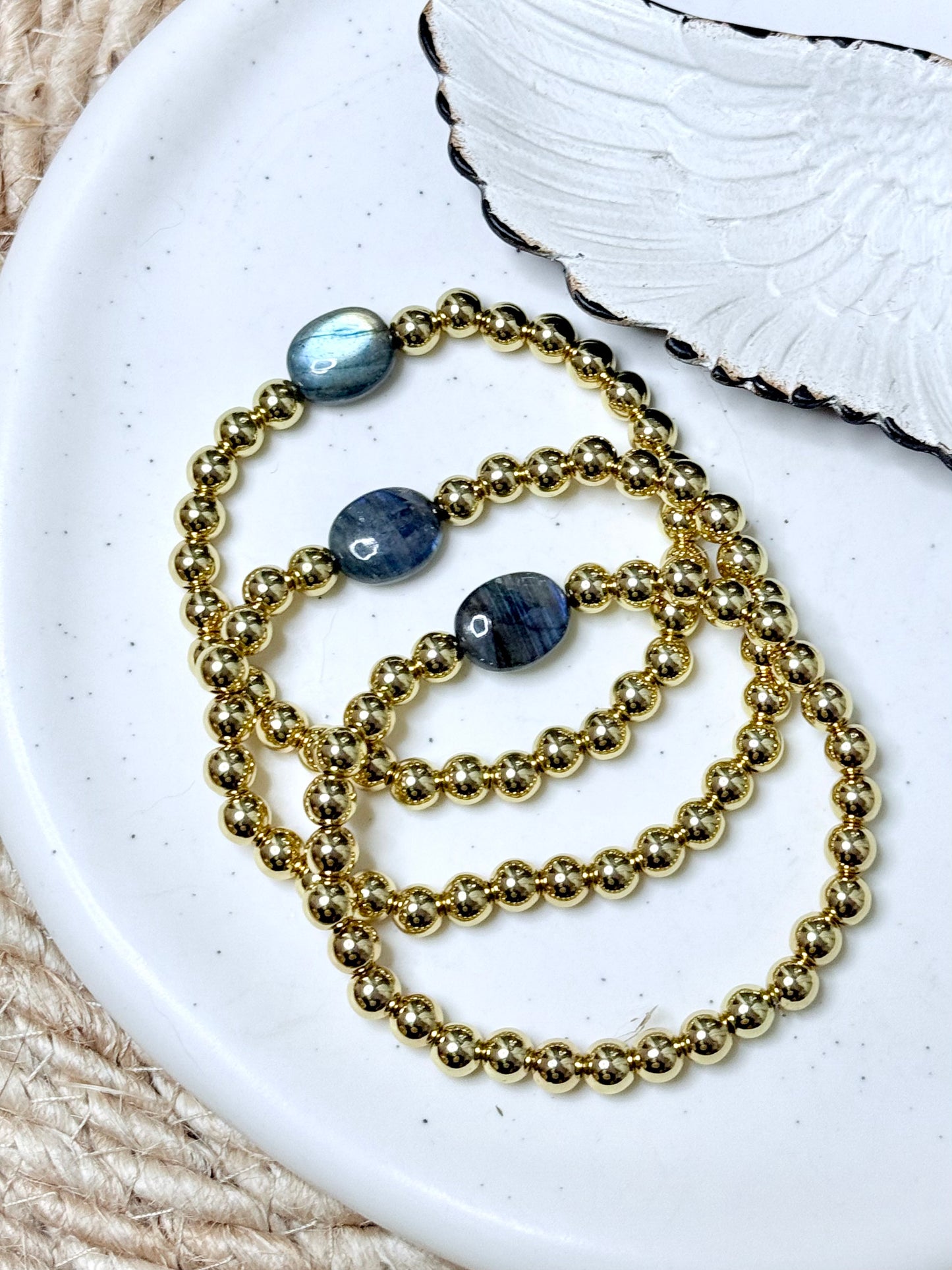 Round Labradorite + Gold Beaded Bracelet