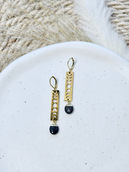 Black Sunstone + Gold Moon Phases Earrings