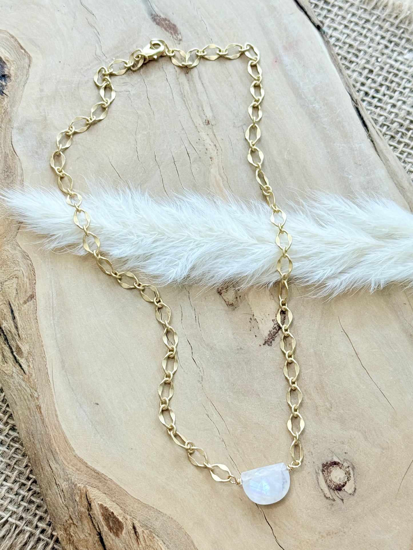 Rainbow Moonstone + Matte Gold Half Moon Necklace