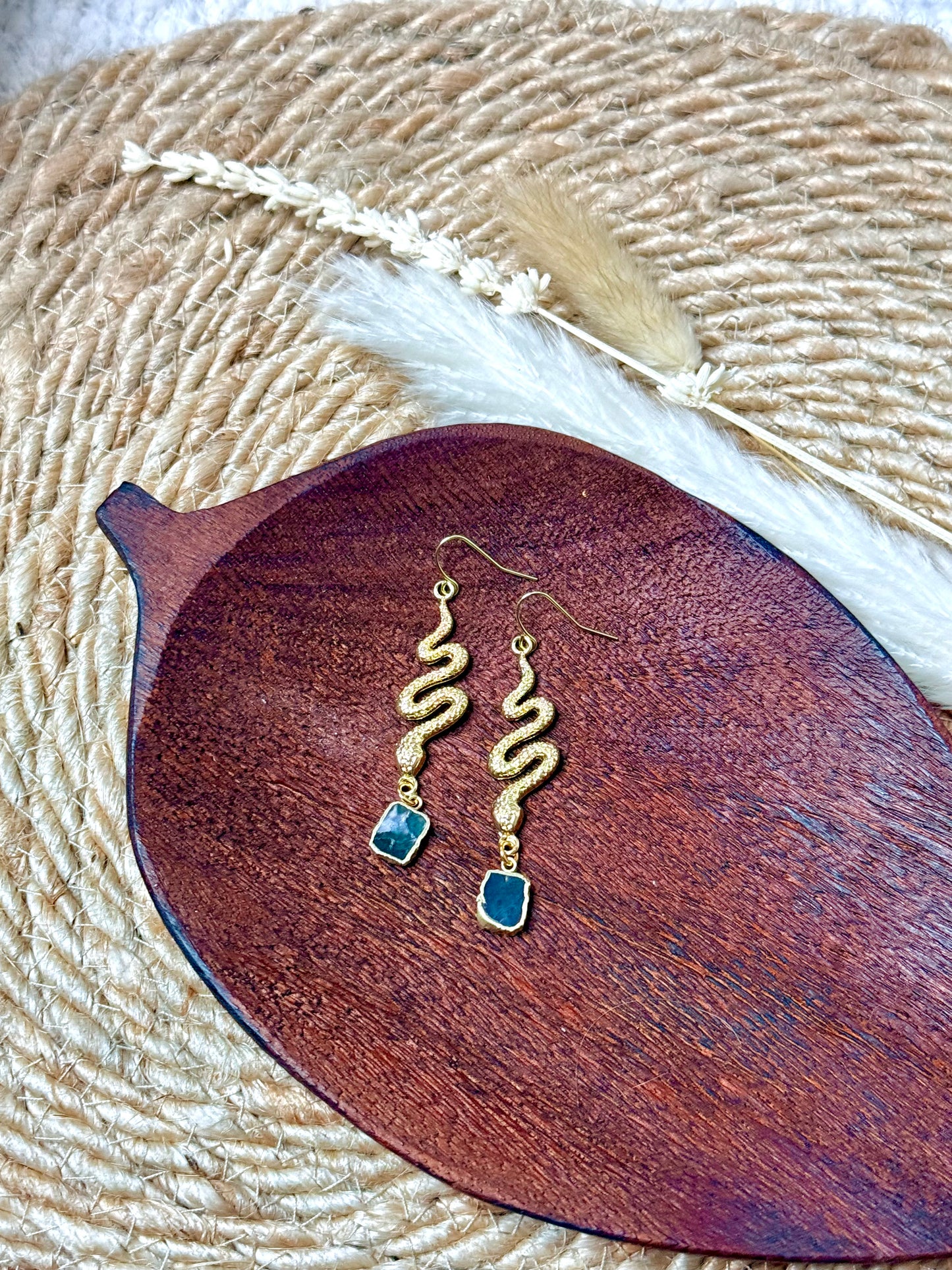 Moss Agate + Gold Snake Earrings