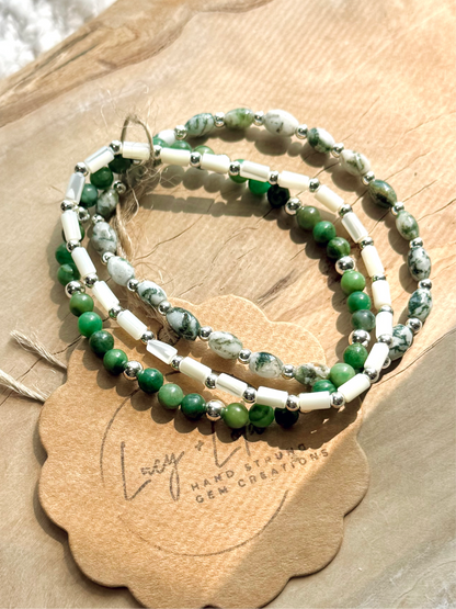 Tree Agate + African Jade in Silver Stack (3-stack)