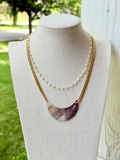 Mother of Pearl Crescent + Moonstone Matte Gold Duet Necklace