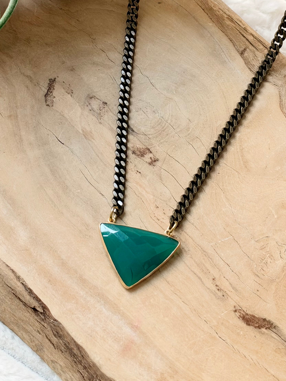 Green Onyx Triangle + Antique Brass Necklace