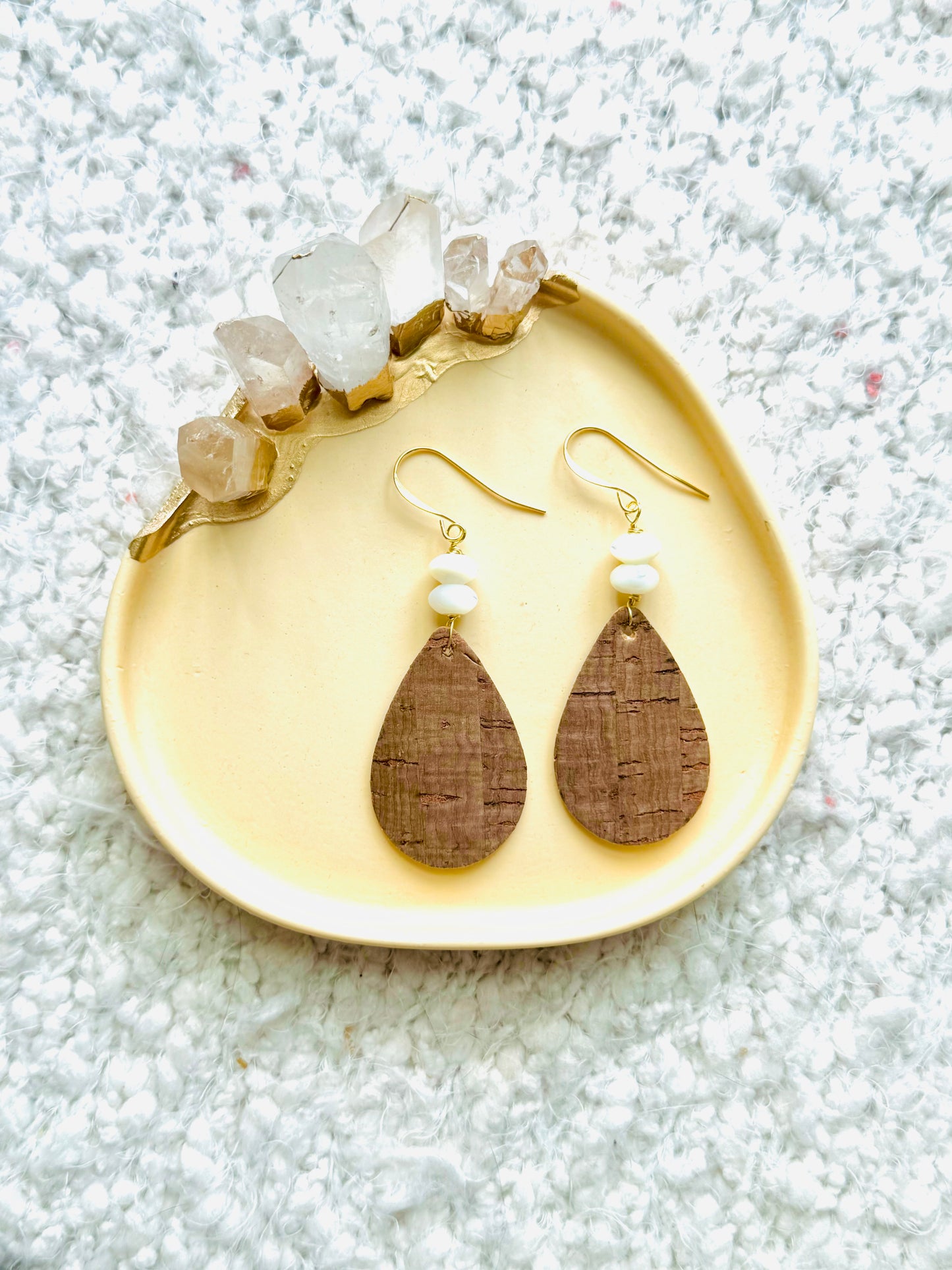 Mother of Pearl + Gold Cork Teardrop Earrings