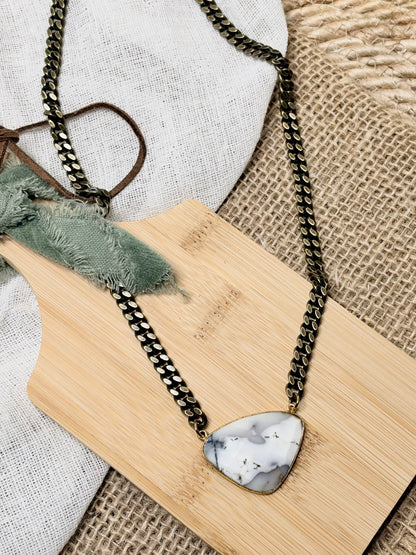 Dendritic White Opal + Antique Brass Necklace