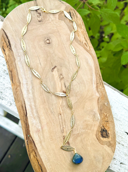 Labradorite + Gold Filigree Lariat Necklace