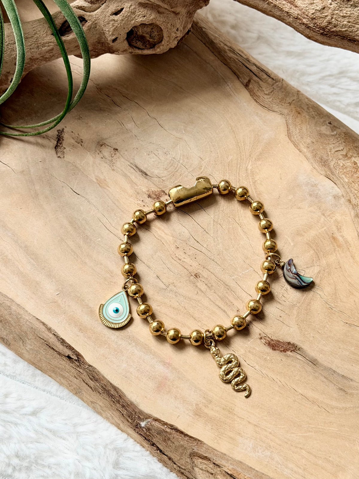 Abalone Shell Moon + Gold Stainless Ball Chain Charm Bracelet