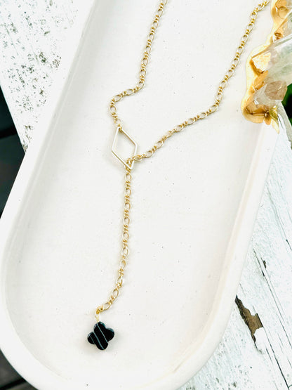 Tuxedo Agate + Matte Gold Pull Through Lariat Necklace