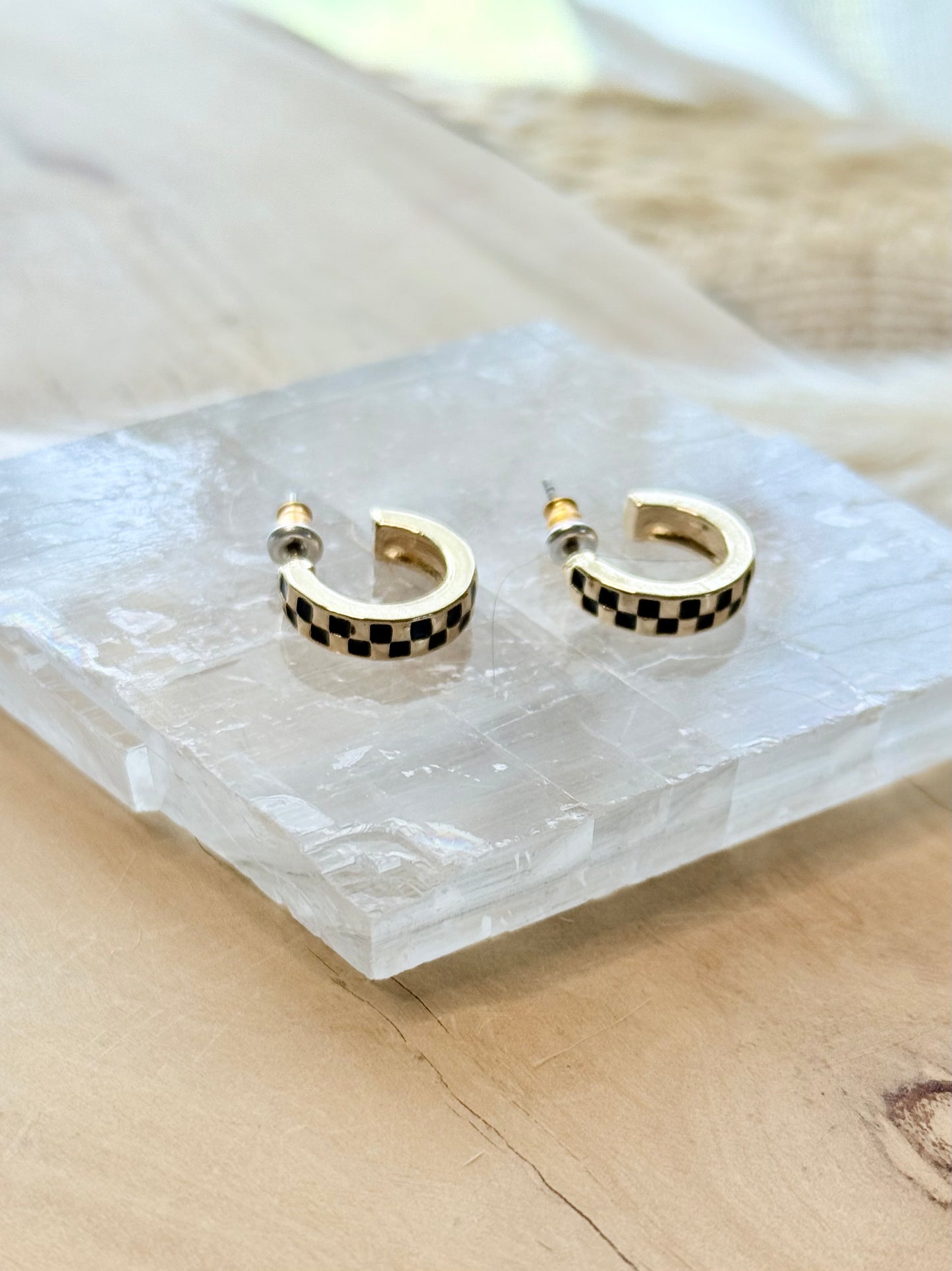 Black + Gold Checkered Mini Hoop Earrings