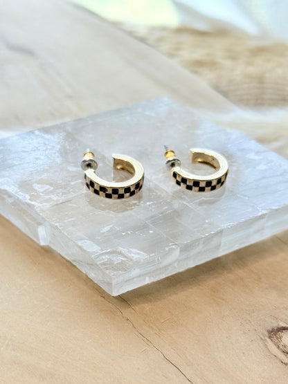Black + Gold Checkered Mini Hoop Earrings
