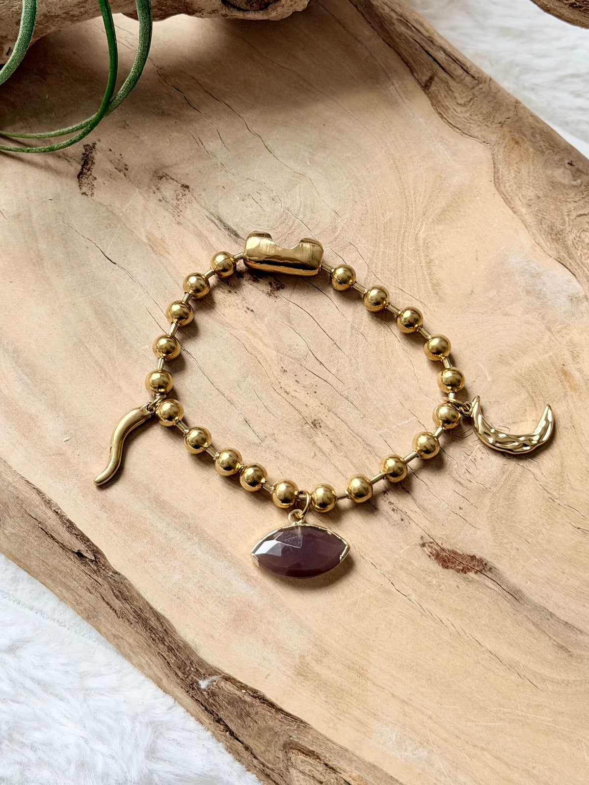 Chocolate Moonstone Evil Eye + Gold Stainless Ball Chain Charm Bracelet