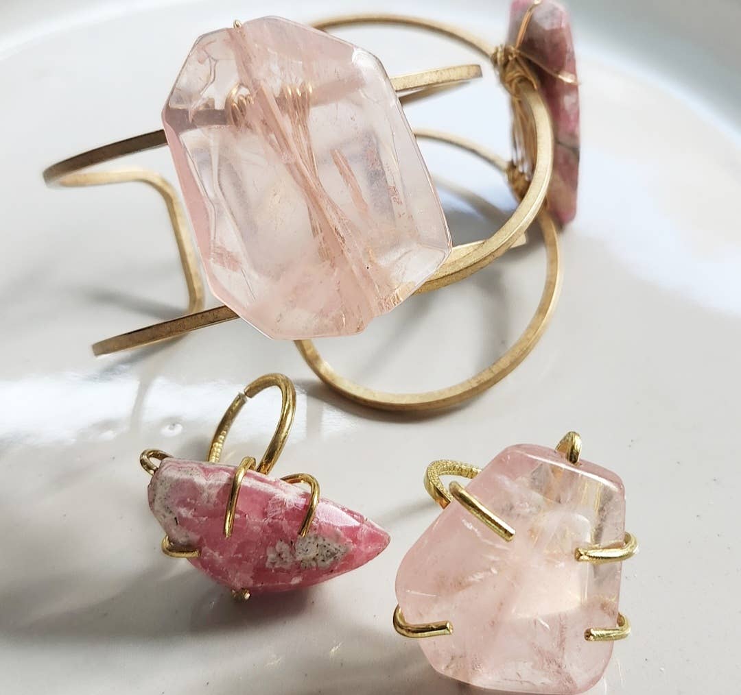 Madagascar Rose Quartz, Rhodochrosite & Brass Cuff Bracelets