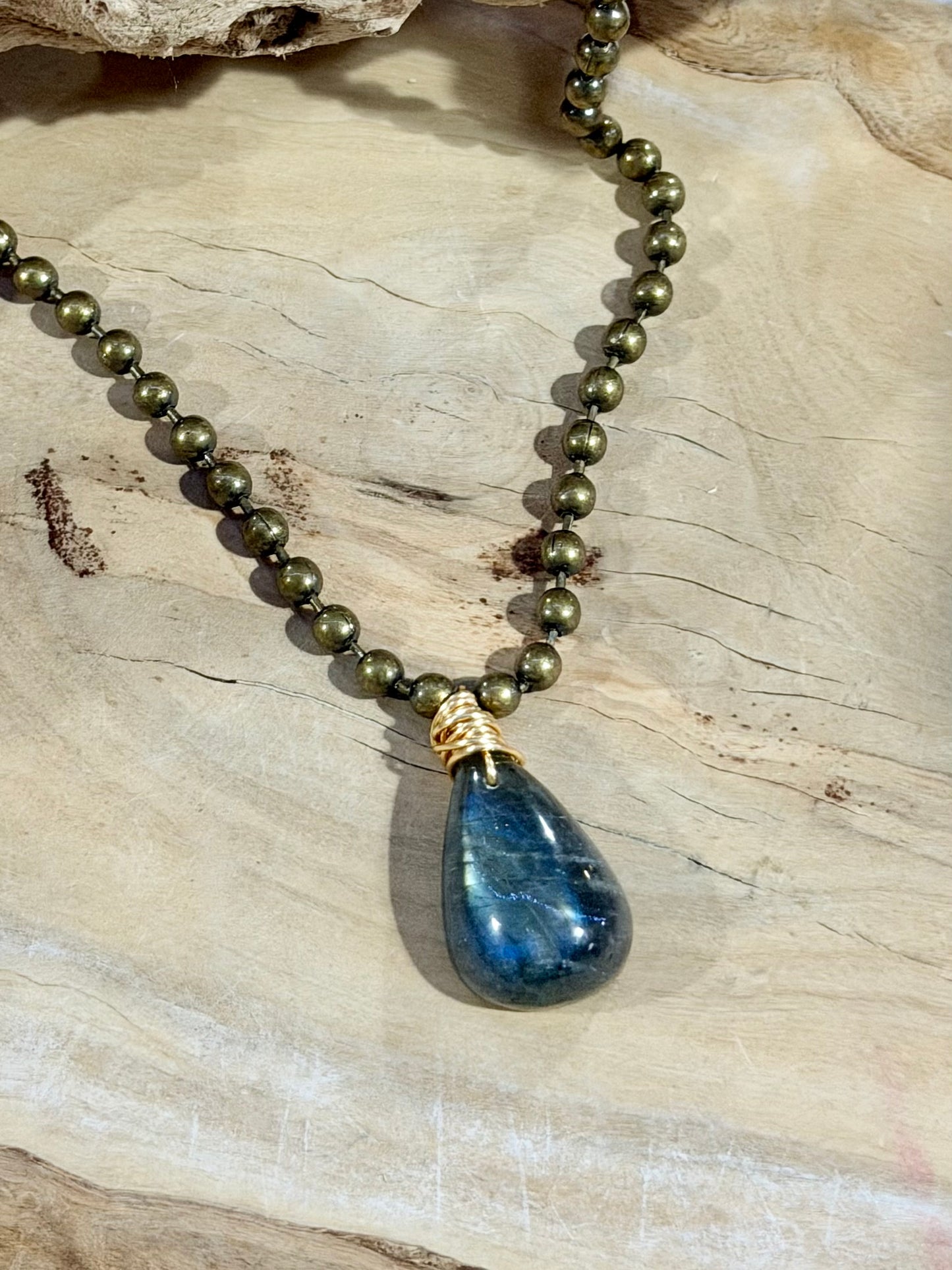 Labradorite + Antique Brass Ball Chain Necklace