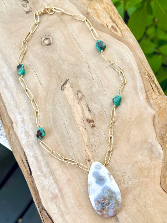 Ocean Agate + Turquoise Matte Gold Necklace