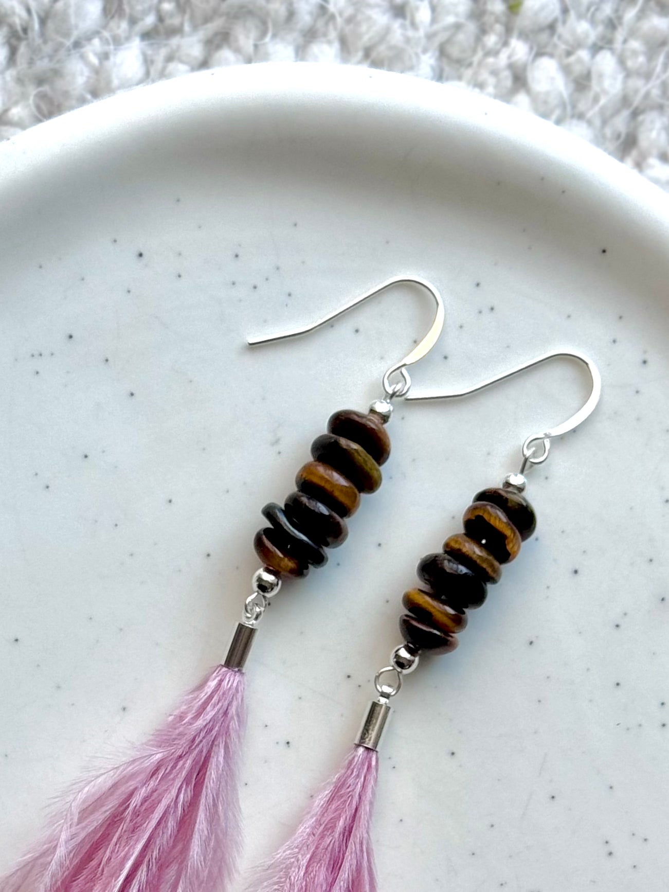 Tiger Eye + Silver Pink Feather Earrings