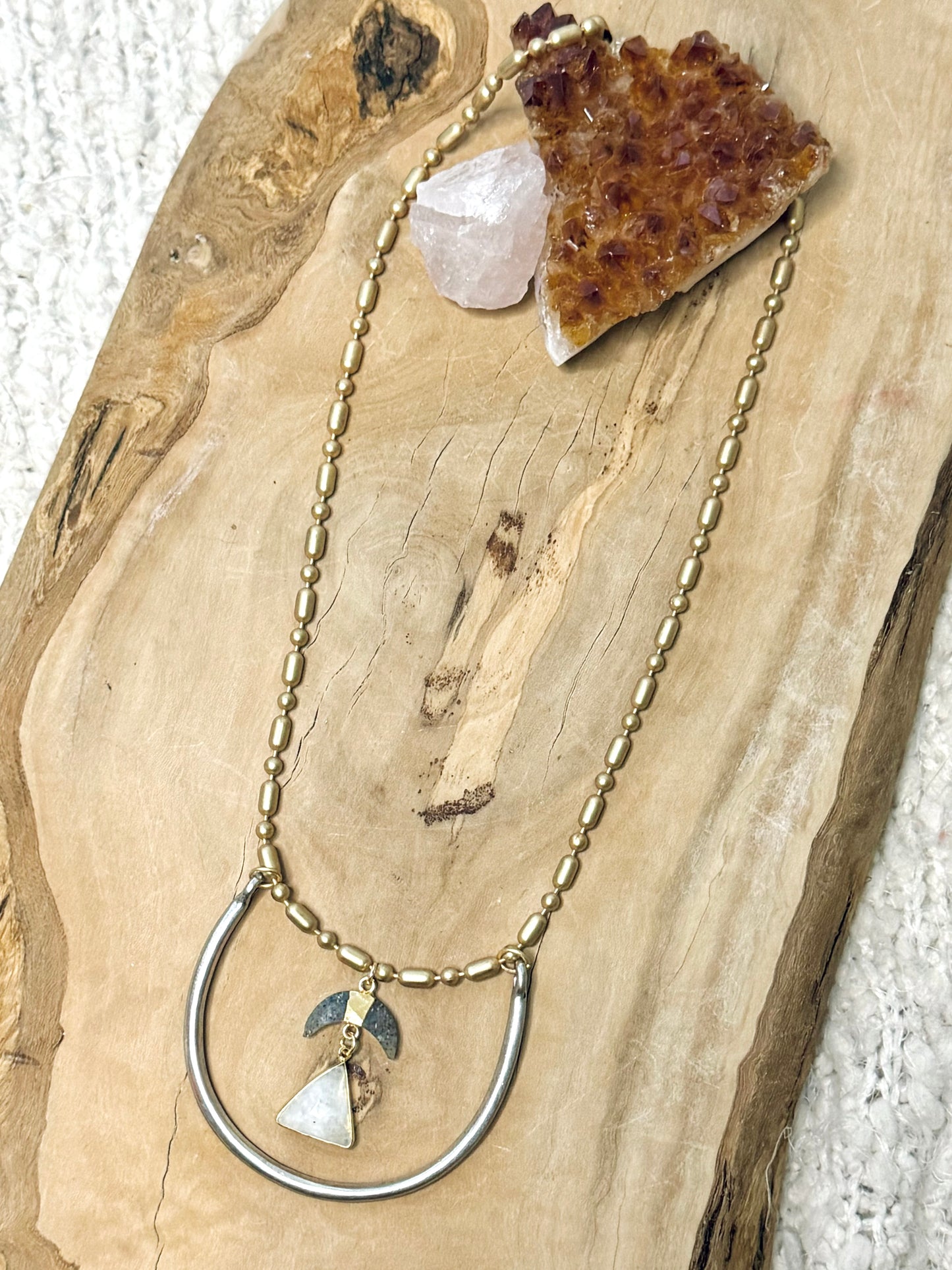 Black Sunstone + Moonstone Mixed Metals Horseshoe Necklace