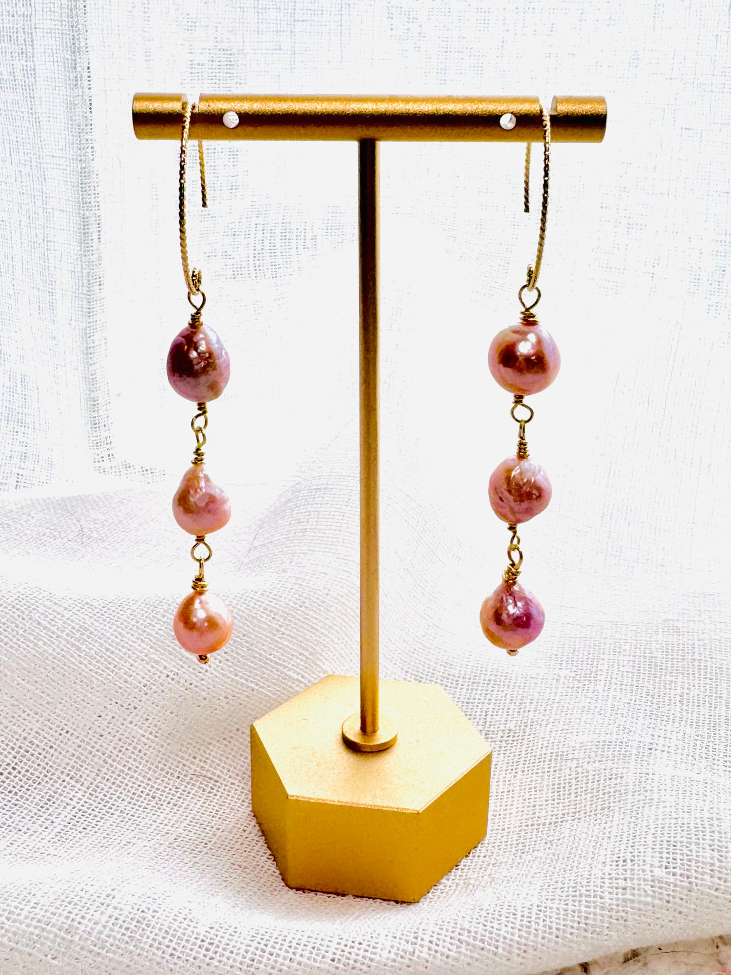 Pink Freshwater Baroque Pearls + Gold Drop Earrings