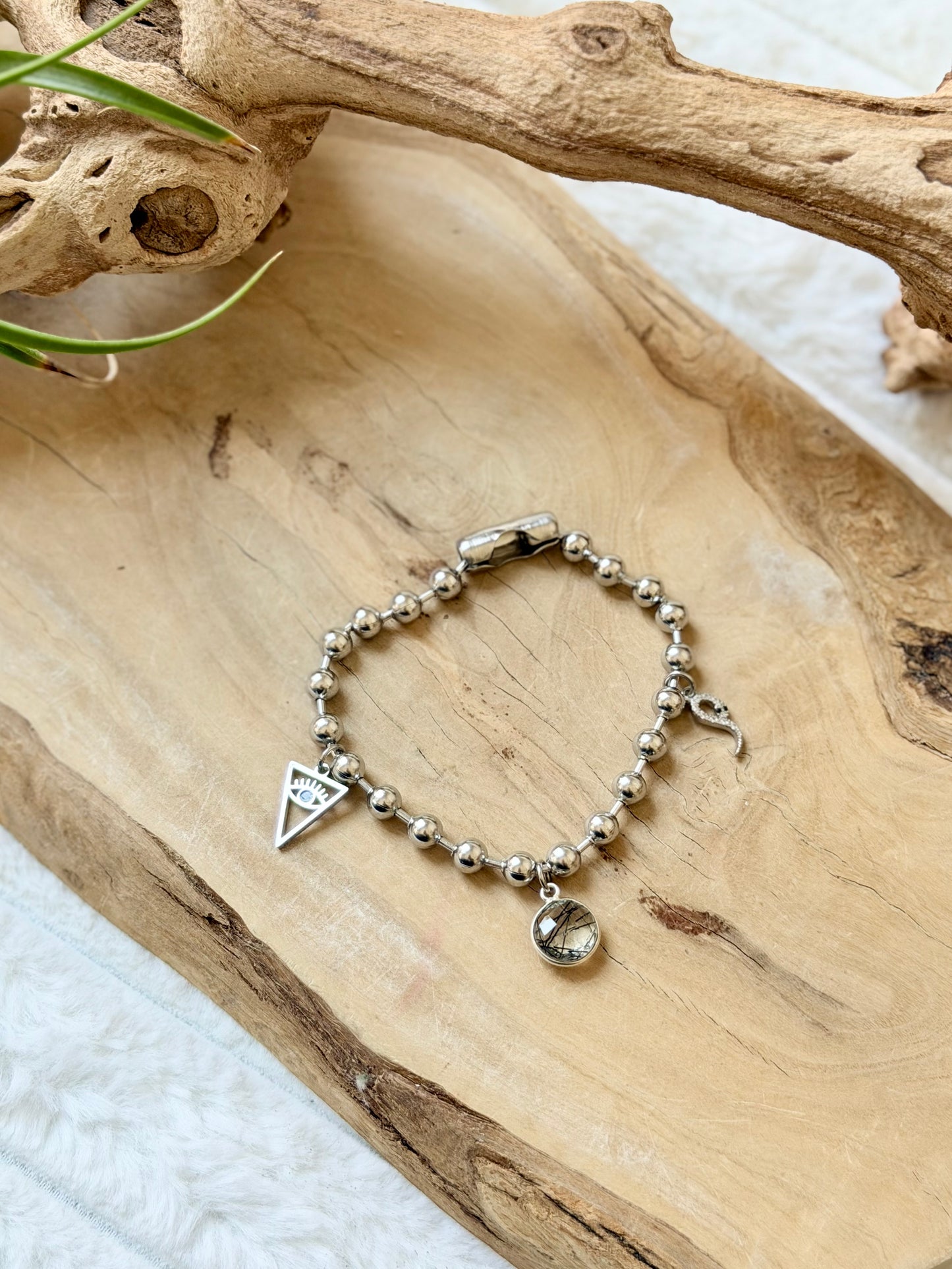 Tourmaline in Quartz + Stainless Ball Chain Charm Bracelet