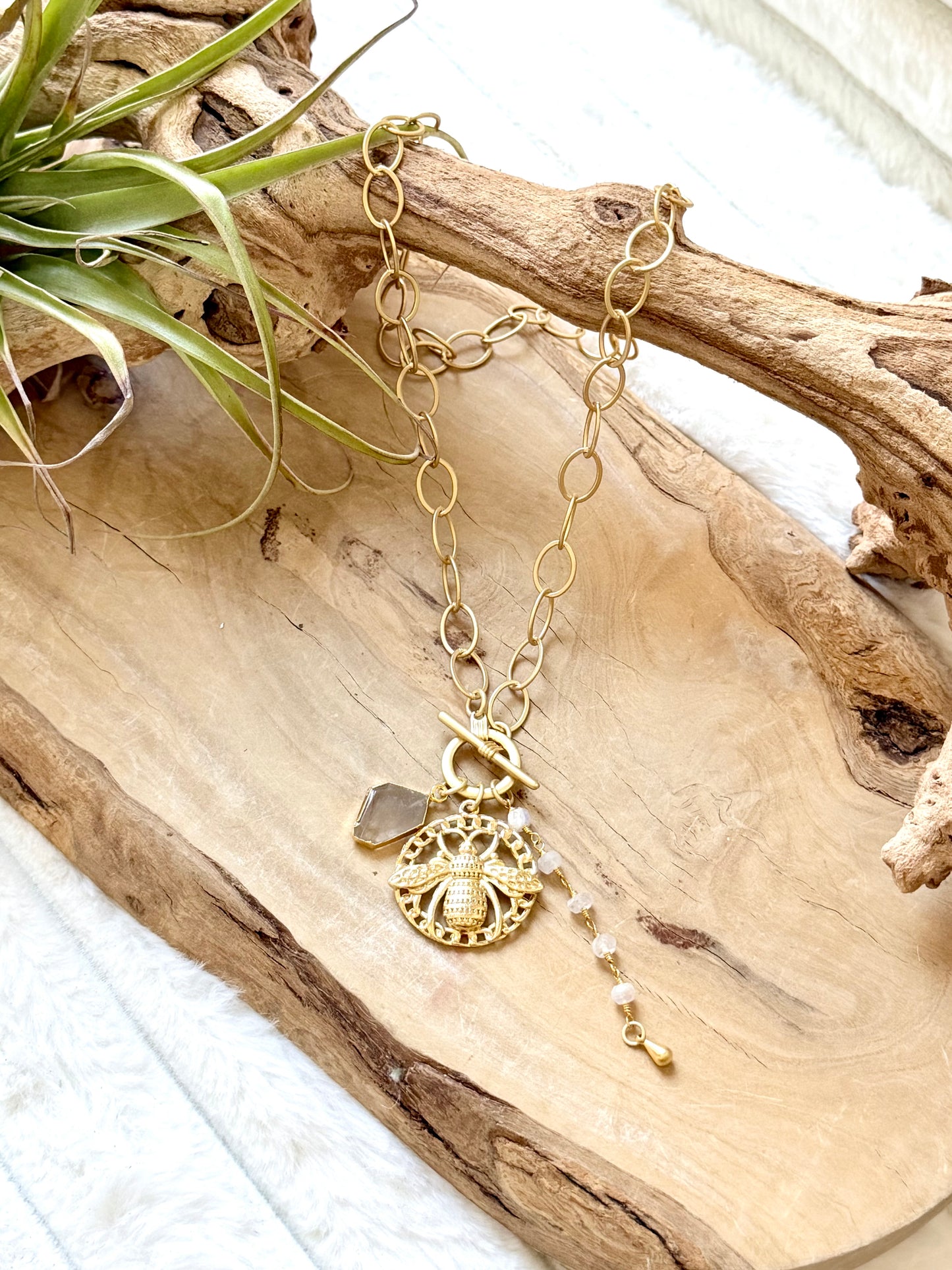 Moonstone + Rutile Quartz Gold Bee Toggle Necklace