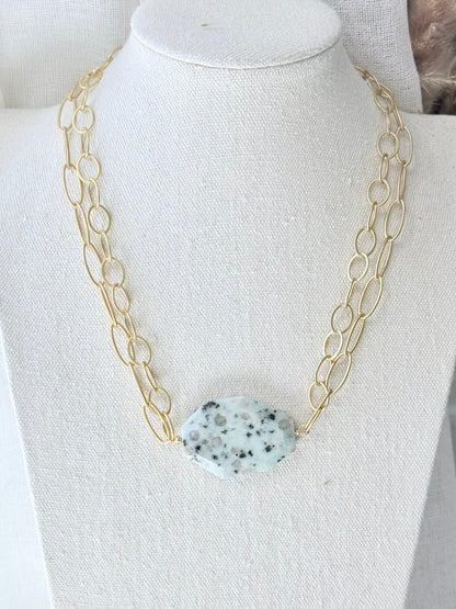 Kiwi Jasper + Matte Gold Double Chain Necklace