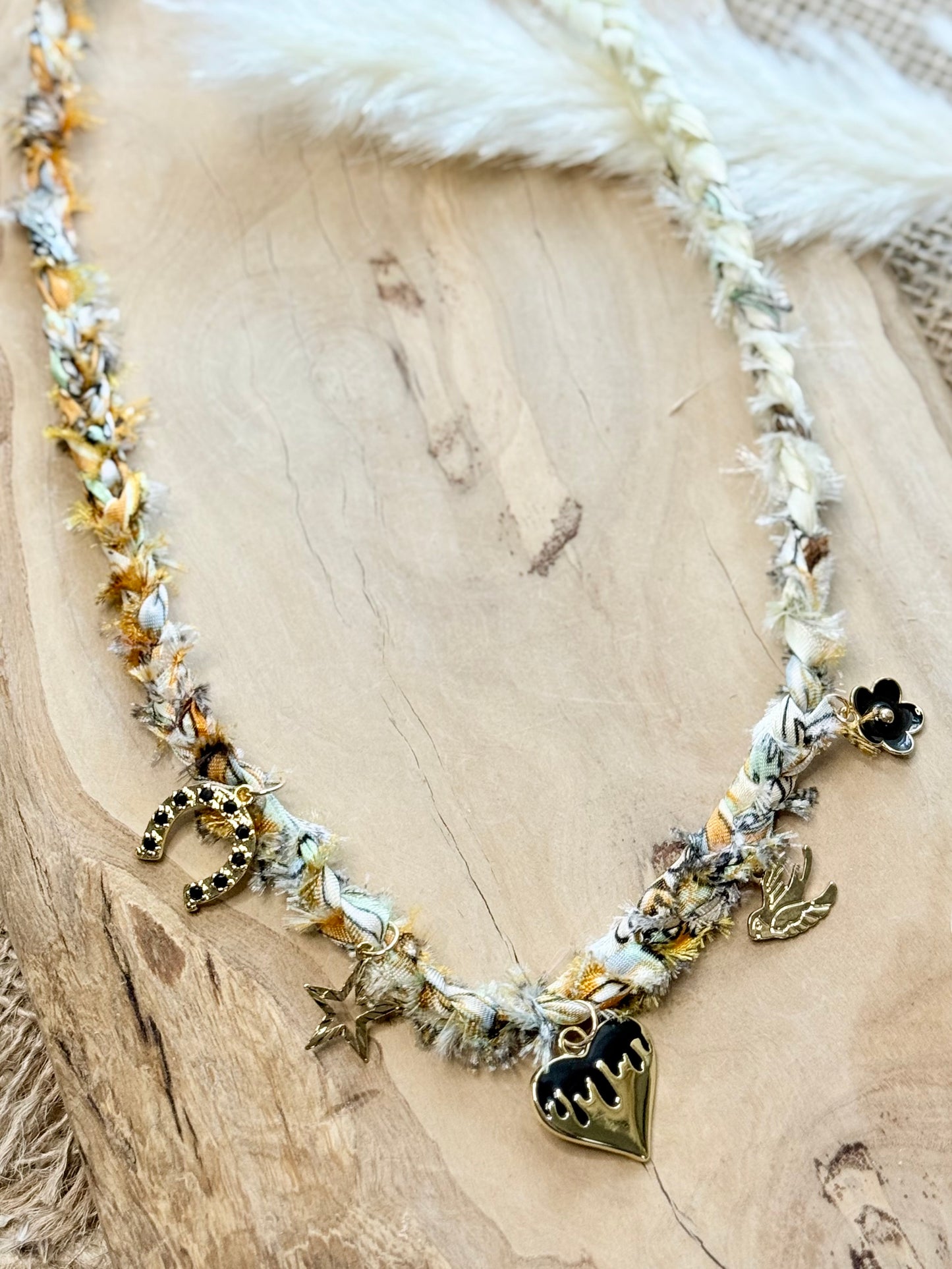 Braided Silk Scarf + Gold Black Heart Charm Necklace