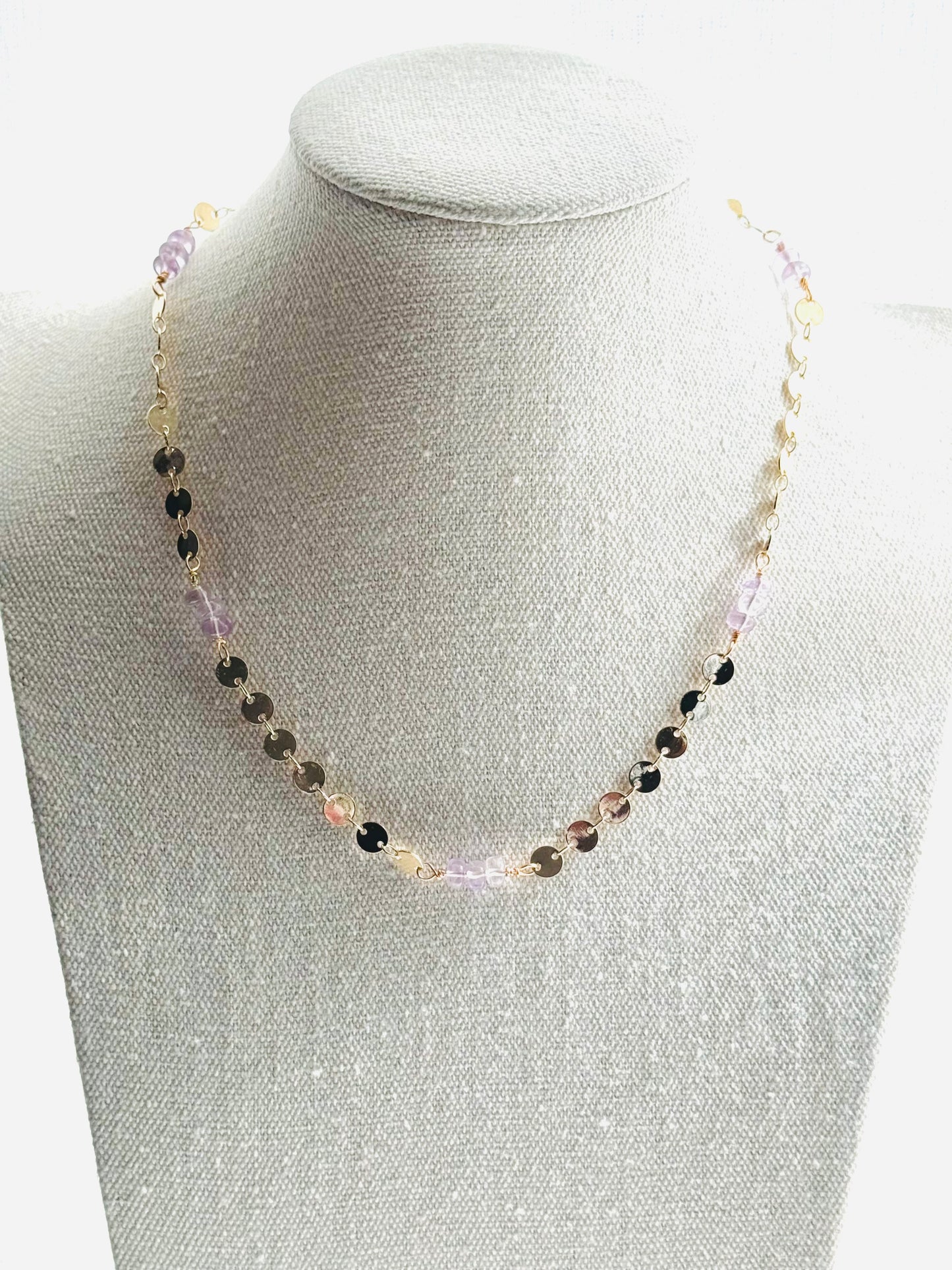 Pink Amethyst + Gold Sequin Chain Necklace