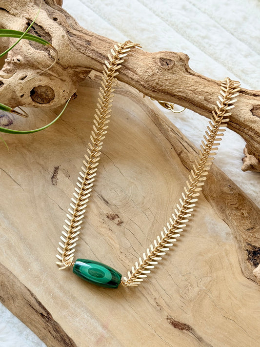 Malachite + Matte Gold Fishbone Necklace