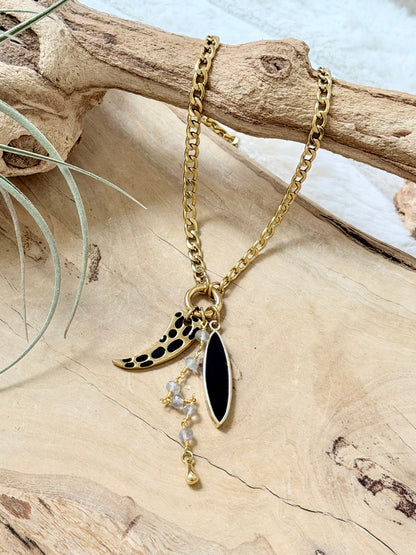 Black Onyx + Labradorite Gold Carabiner Charm Necklace