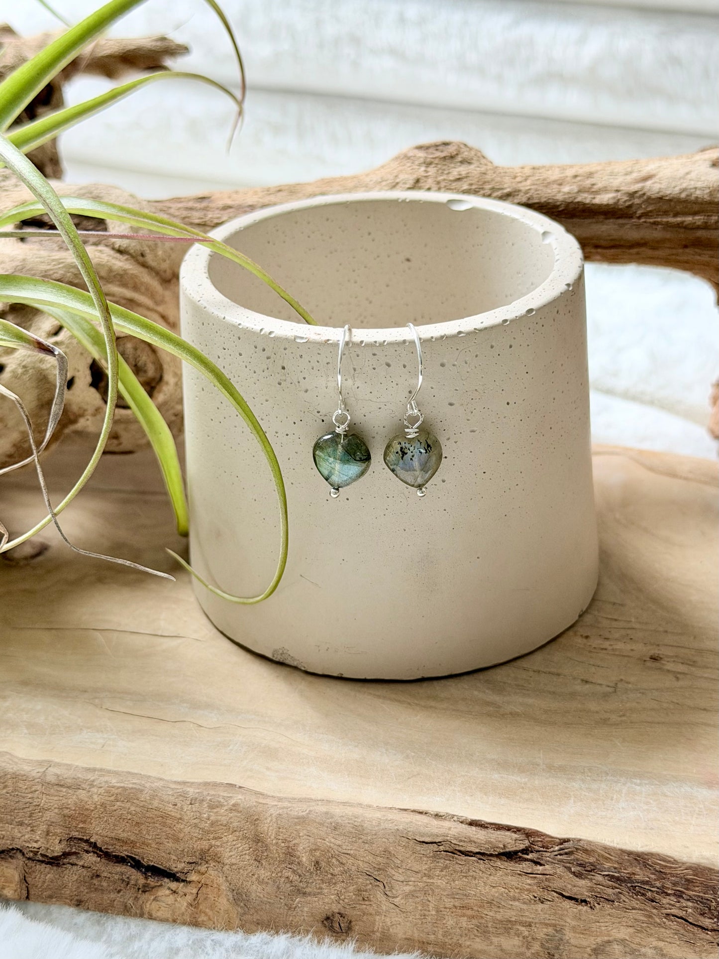 Labradorite + Silver Heart Earrings