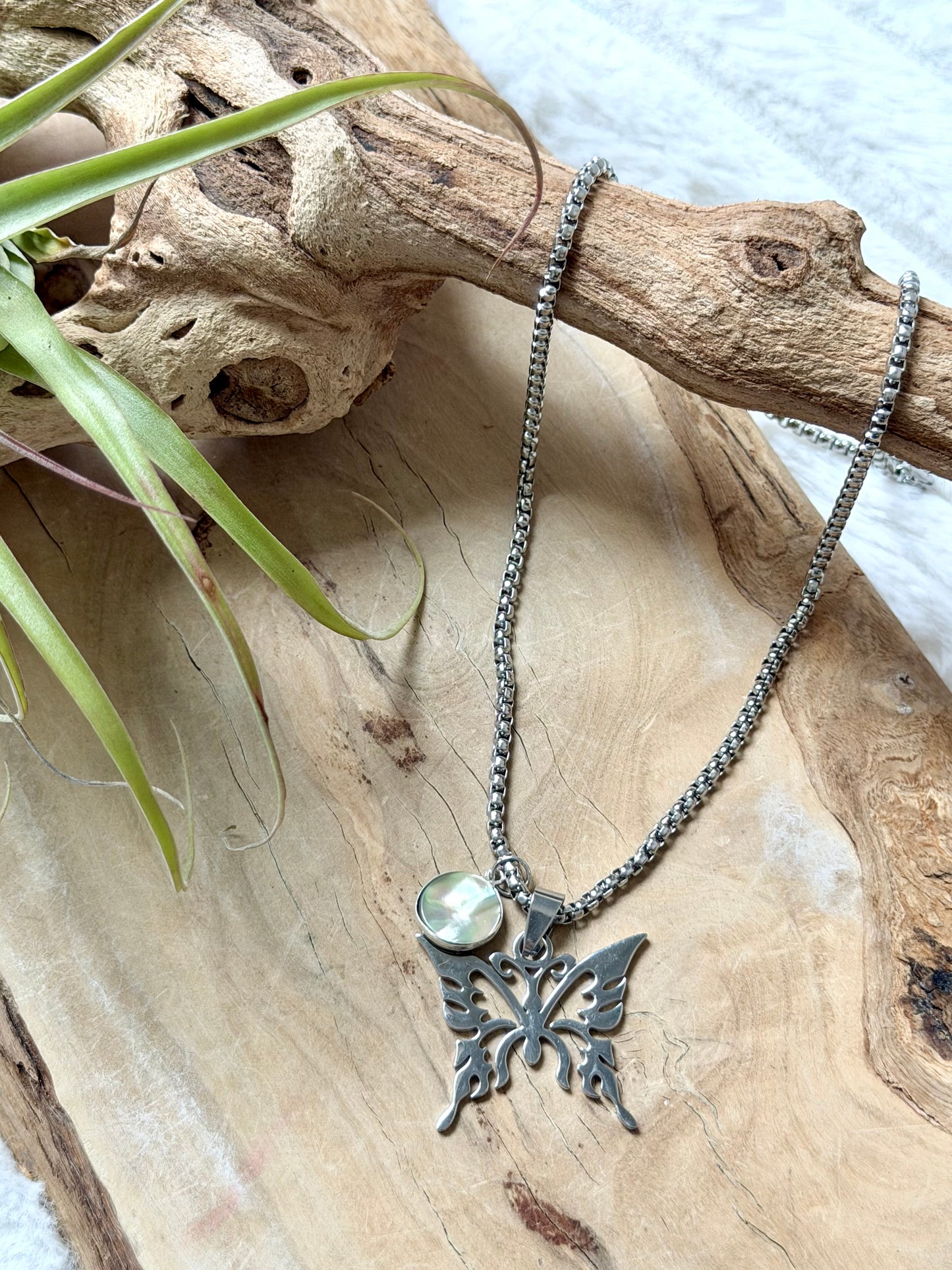 Abalone + Stainless Steel Butterfly Necklace