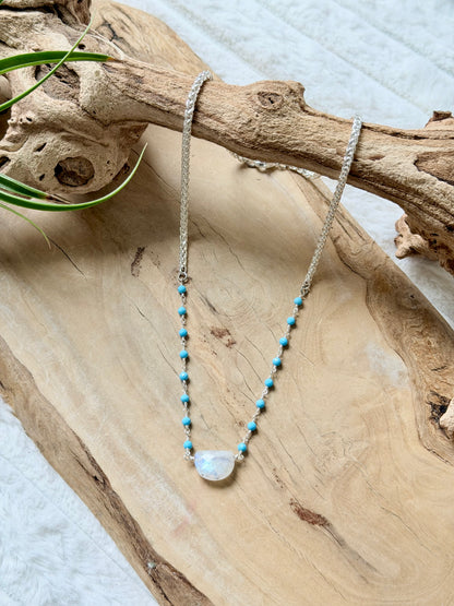 Rainbow Moonstone + Turquoise Silver Necklace