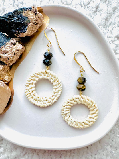 Tiger Eye + Gold Mini Rattan Earrings