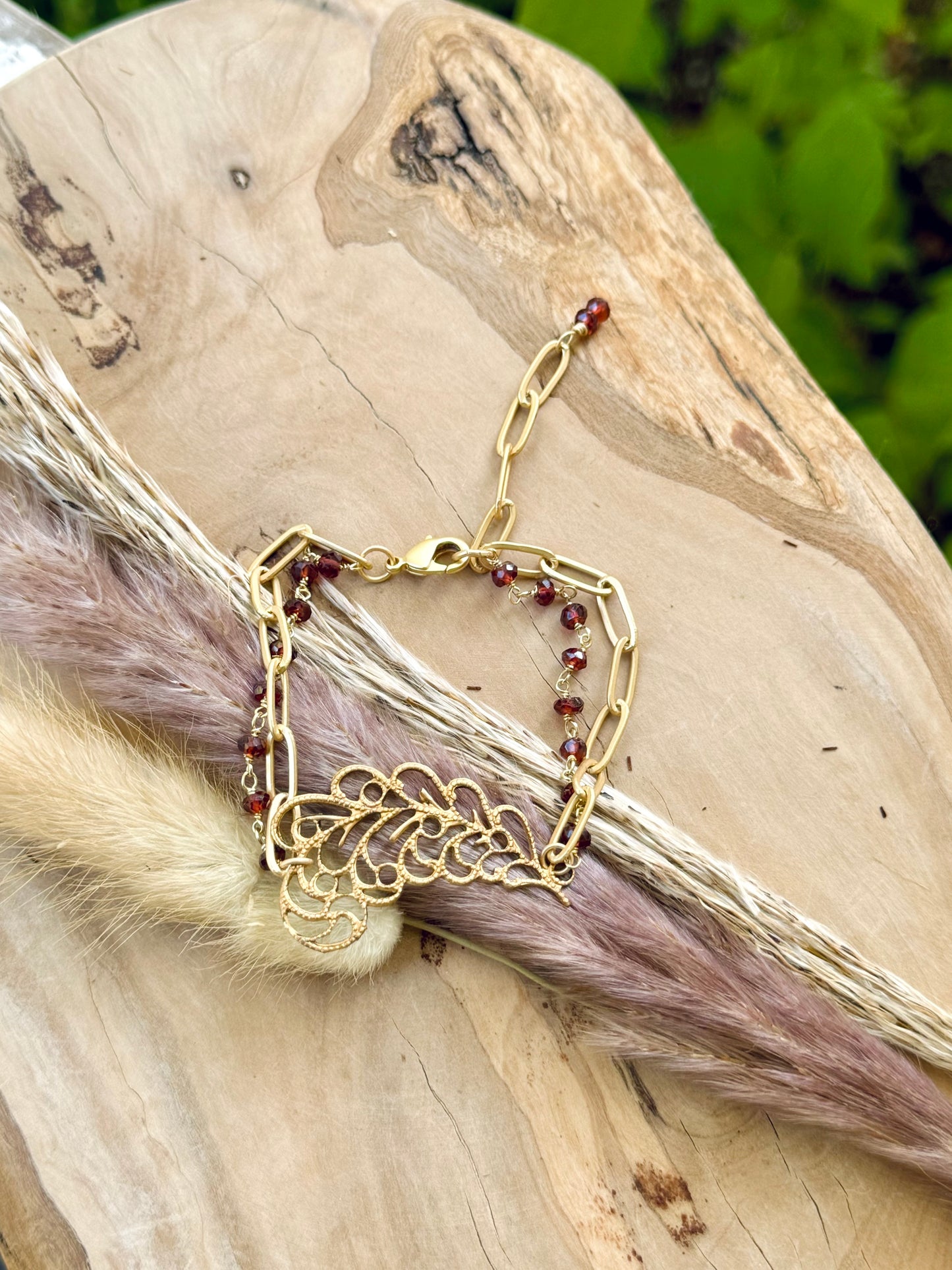 Brass Filigree + Garnet Matte Gold Chain Bracelet