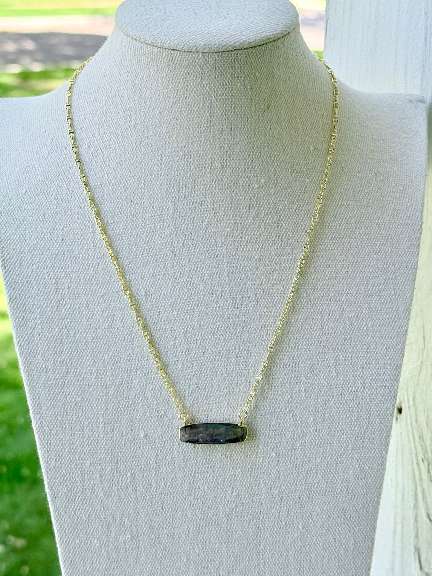 Labradorite + Gold Bar Pendant Necklace