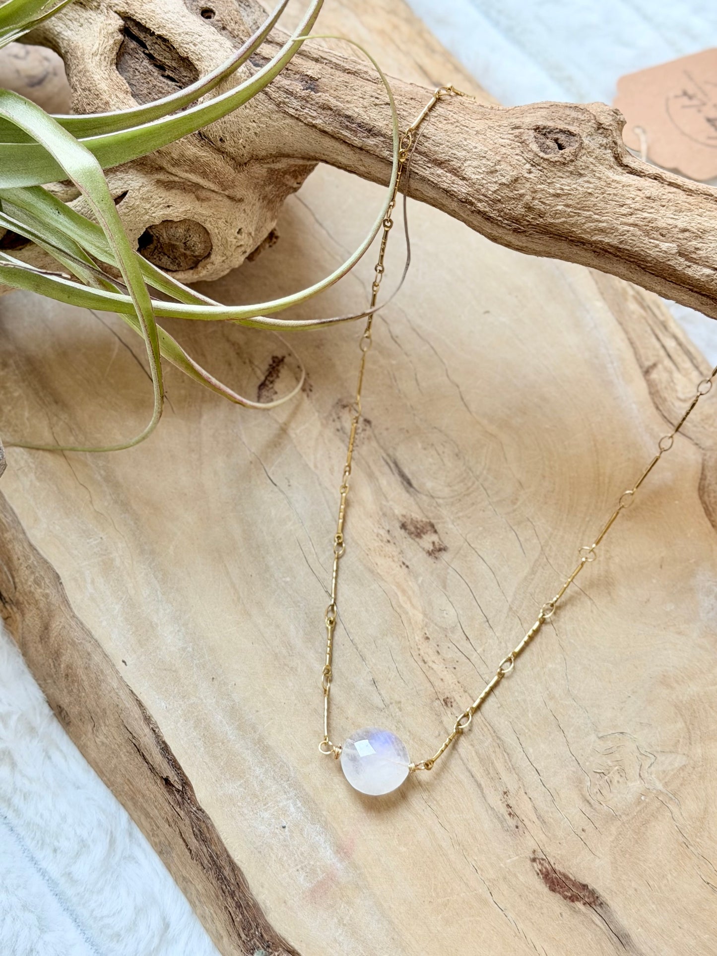 Rainbow Moonstone + Gold Stainless Steel Necklace