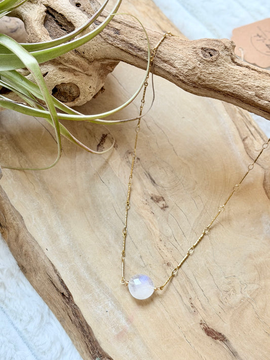 Rainbow Moonstone + Gold Stainless Steel Necklace