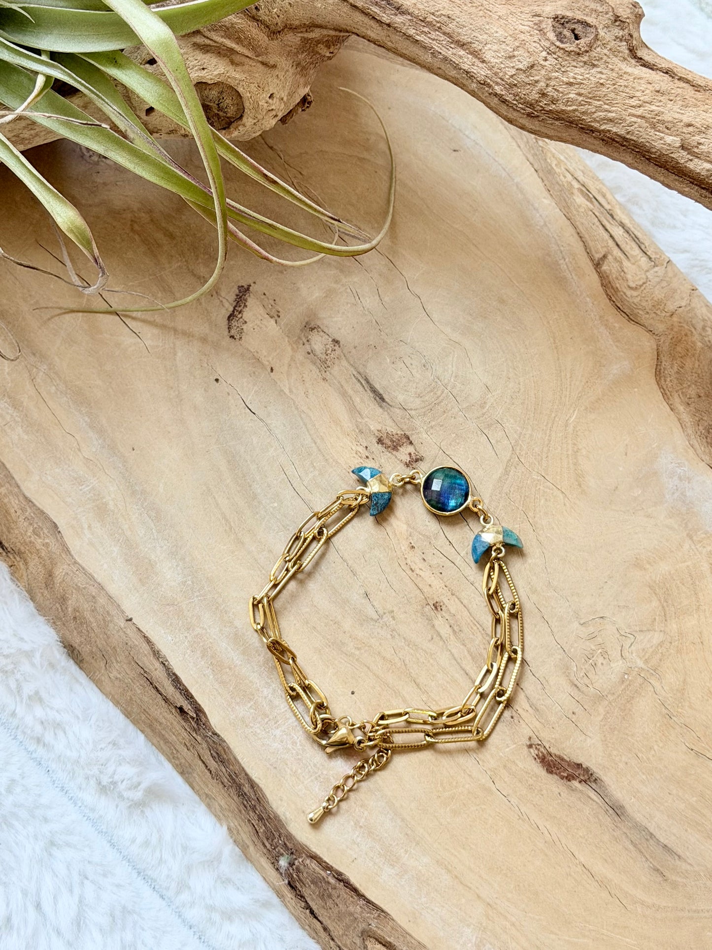 Multi-Color Quartz + Apatite Gold Moon Bracelet