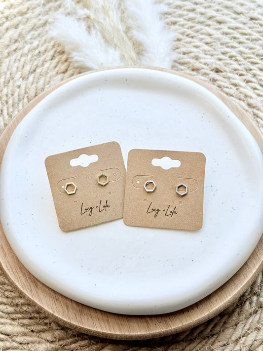 Matte Gold + Matte Silver Hexagon Stud Earrings