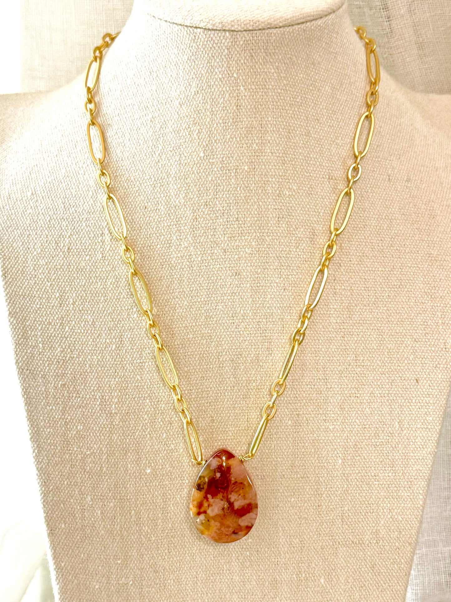 Cherry Blossom Agate + Matte Gold Pendant Necklace