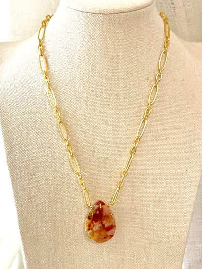 Cherry Blossom Agate + Matte Gold Pendant Necklace