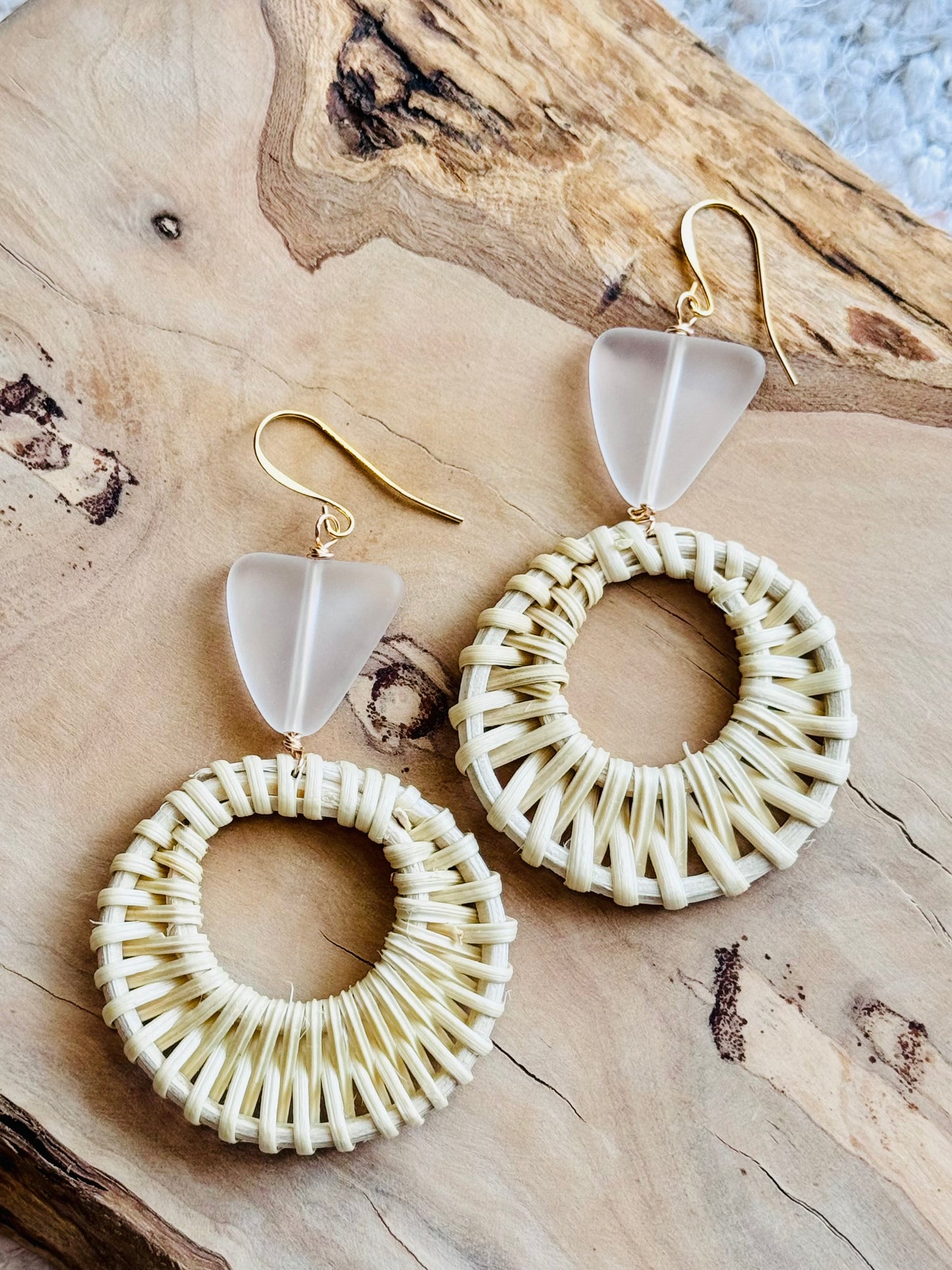 Frosted Sea Glass + Gold Rattan Earrings