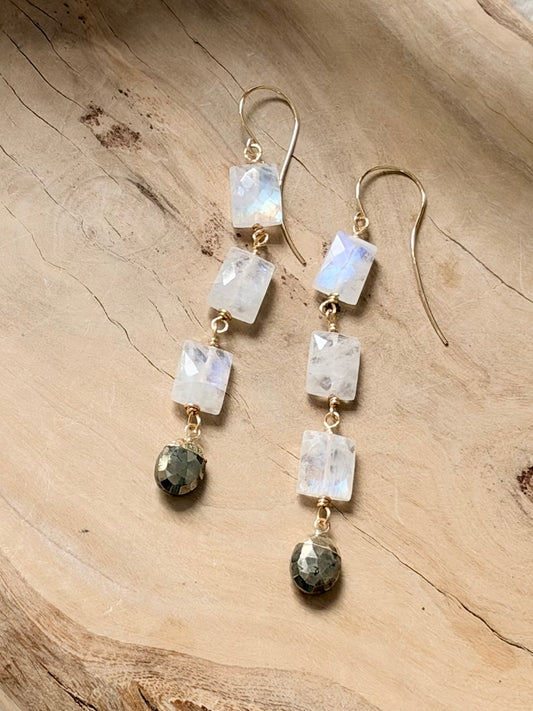 Rainbow Moonstone + Pyrite Gold Earrings