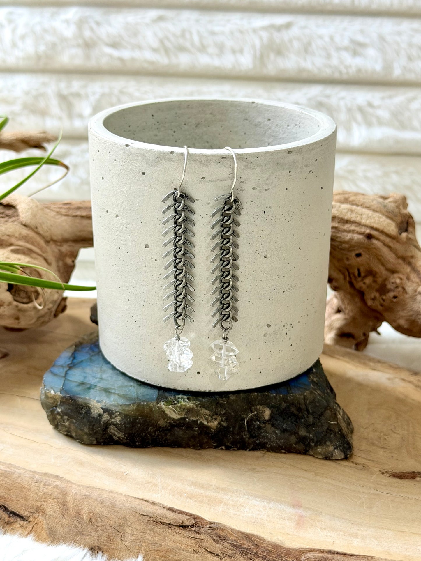 Herkimer Diamond + Antique Silver Fishbone Earrings