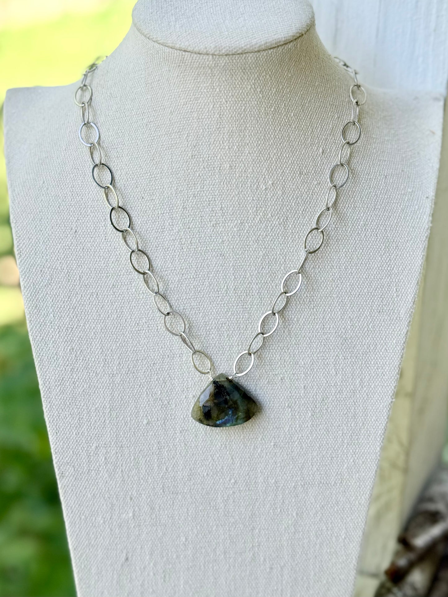 Labradorite Triangle Pendant + Antique Silver Necklace