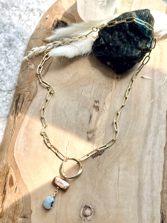 Freshwater Pearl + Dendritic Opal, Matte Gold Eternity Necklace