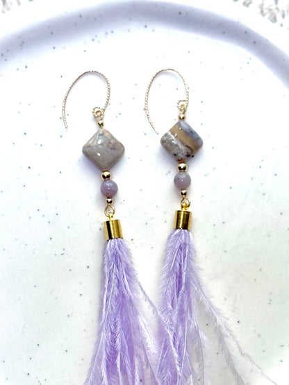 Amethyst Sage Agate + Gold Lavender Feather Earrings