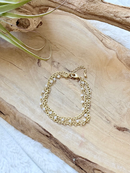 Rainbow Moonstone + Matte Gold Trio Chain Bracelet