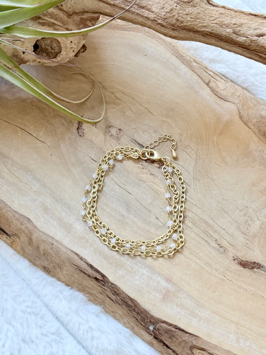 Rainbow Moonstone + Matte Gold Trio Chain Bracelet