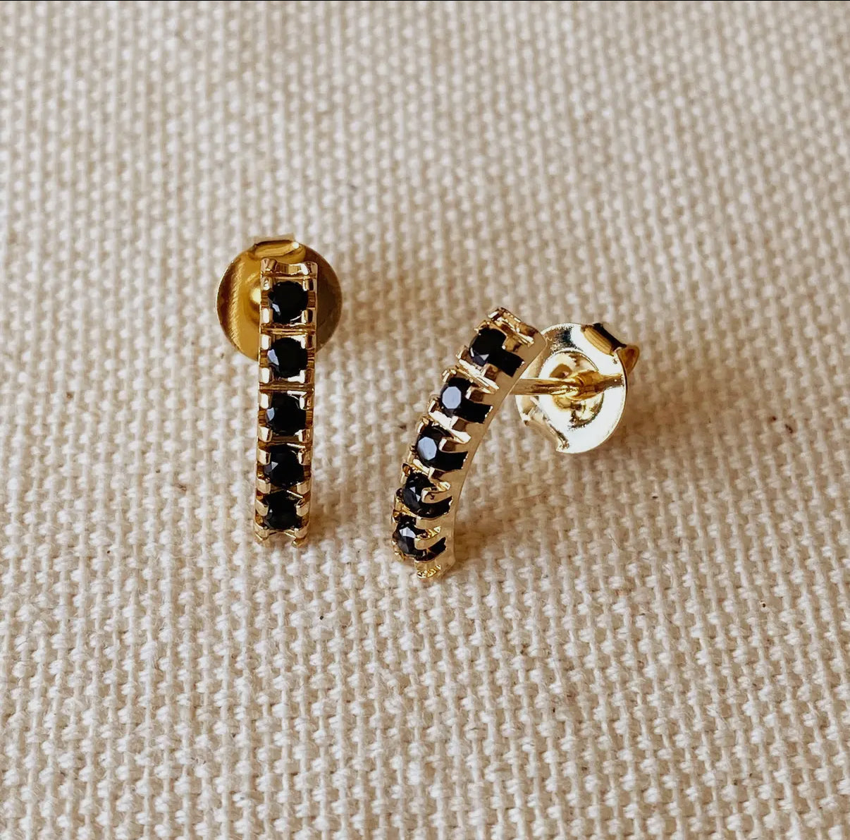 Black Crystal + Gold Curved Bar Earrings